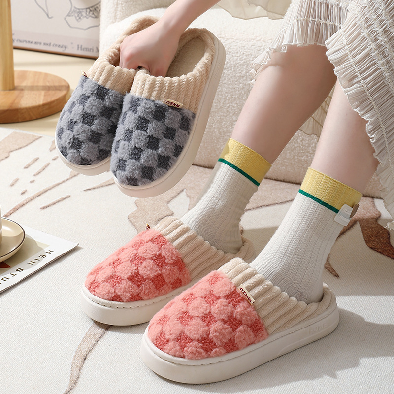 New thick-soled slippers for couples, men and women, autumn and winter home, indoor household, plush cotton slippers manufacturer wholesale cross-border details Picture