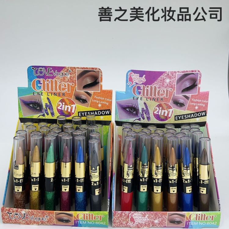 跨境美妆专供六色粗/细上色细闪双头水眼影