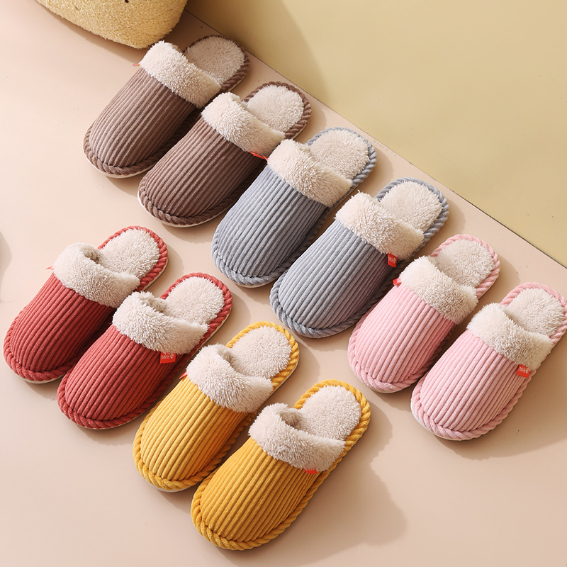 Couple cotton slippers: Women's thick-soled warm and anti-slip home slippers, men's autumn and winter indoor home anti-slip soft-soled postpartum shoes details Picture