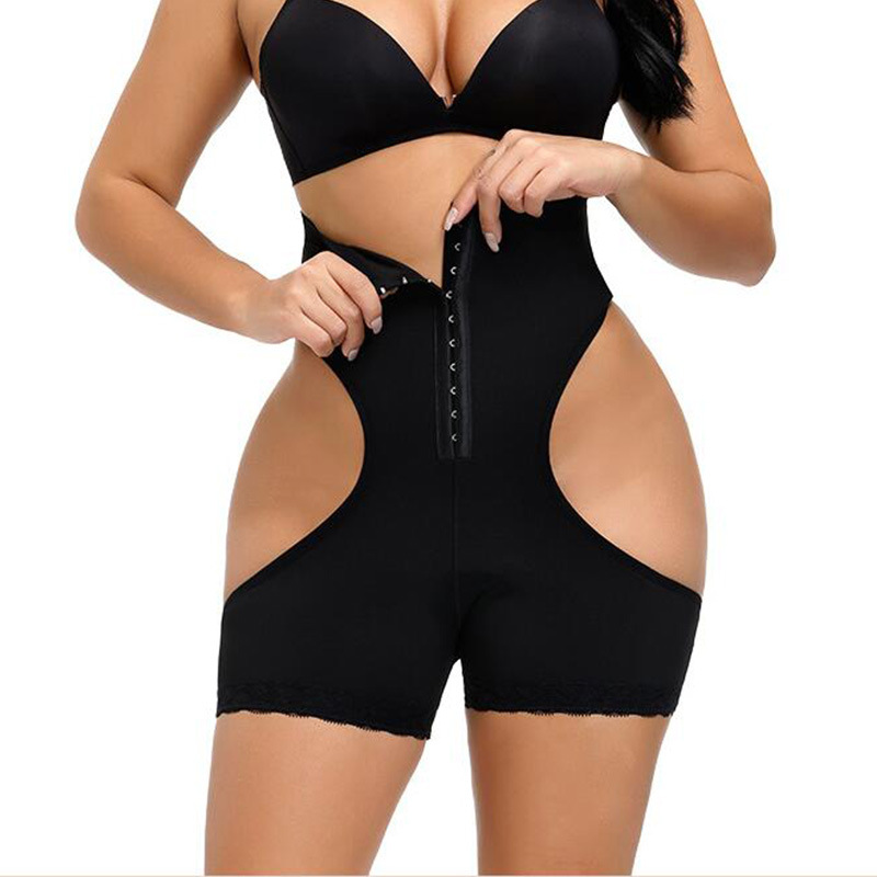 跨境欧美大码高腰收腹提臀裤 butt lifter排扣蕾丝网布露臀紧身裤白底实物图