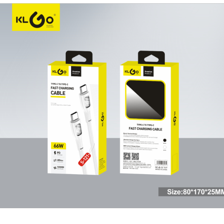 酷为KLGO S-121 PD/66W TYPE-C TO TYPE-C黑白双色可选快充数据线