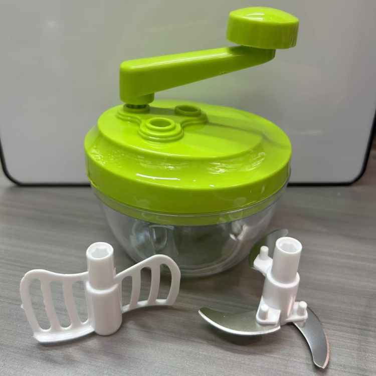 Hand-cranked manual vegetable cutter, garlic cutter, minced garlic, chili flakes, chili segments, chopped vegetables, vegetable paste grinder, and blender