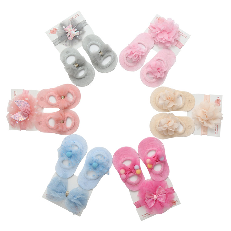 Cross-border Breathable Princess Solid Color baby socks Cute bow candy children's socks headband set Specification drawing