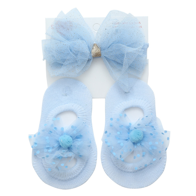 Cross-border Breathable Princess Solid Color baby socks Cute bow candy children's socks headband set full figure