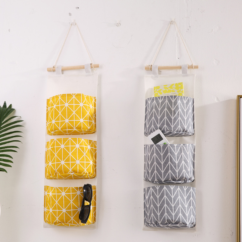 Creative cotton and linen storage hanging bag, 3-layer hanging bag, fabric door behind the miscellaneous storage bag