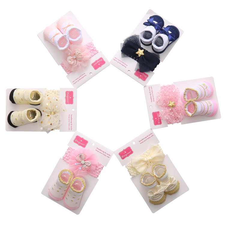 New polka dot three-dimensional striped mesh children's socks Princess bow alphabet baby socks headband set details Picture