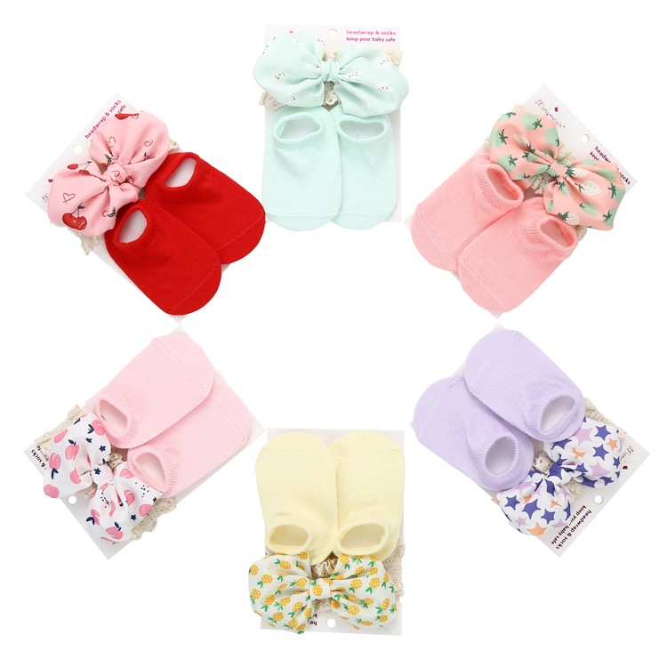 Bow Candy Cute children's socks wholesale cross-border solid color Princess baby socks headband set Specification drawing