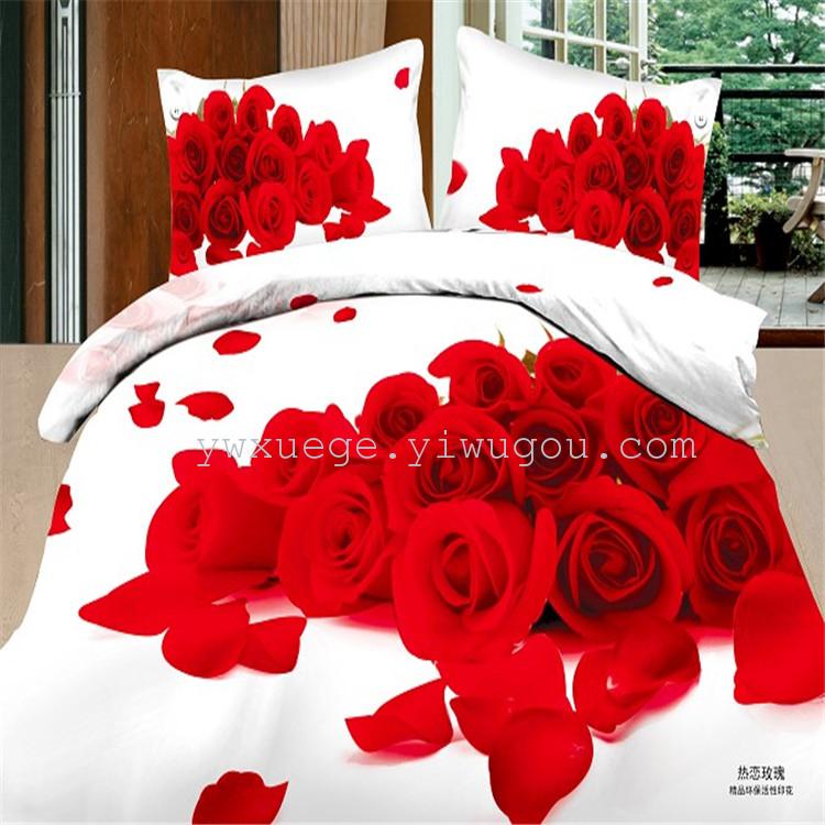 Snow pigeon twill 3D BIG flower active printing bedding four sets of manufacturers direct - - love rose