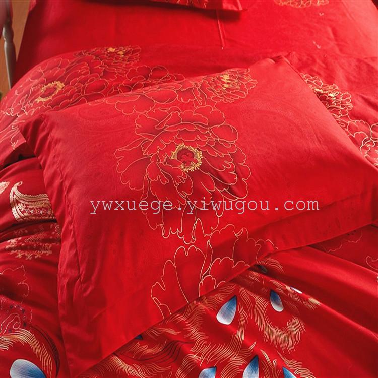 Xuege Home Textiles' new wedding four-piece set, wedding bedding, big red jacquard embroidery Phoenix Legend (Red), factory direct sale details Picture
