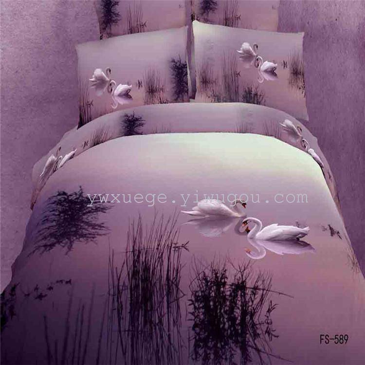 Wholesale of 3D oil painting bedding, all-cotton active bedding four-piece set for foreign trade, dusk breaks through the waves
