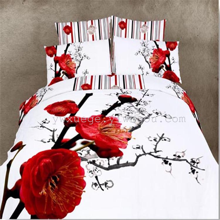 3D cotton four-piece set pure cotton creative bedding four-piece set foreign trade bedding red plum
