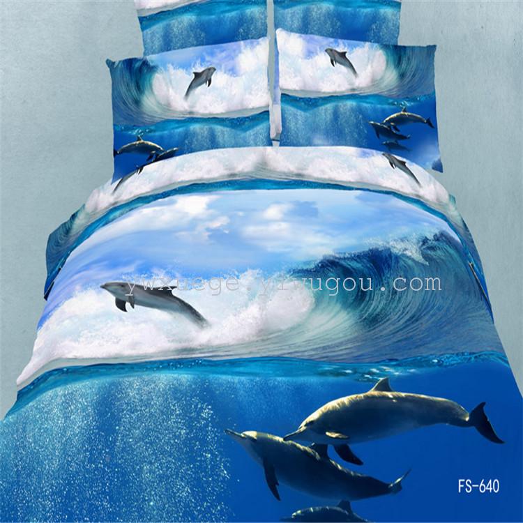 Genuine 3D oil painting bedding from Foreign trade Snow Pigeon Home Textiles, high-end all-cotton active printed four-piece set, surfing and playing in the waves