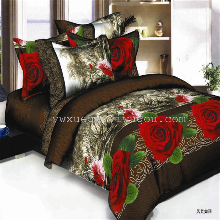 Snow pigeon home textile polyester cotton 3D oil painting four sets of three-dimensional active printing and dyeing bedding four sets of manufacturers direct picturesque