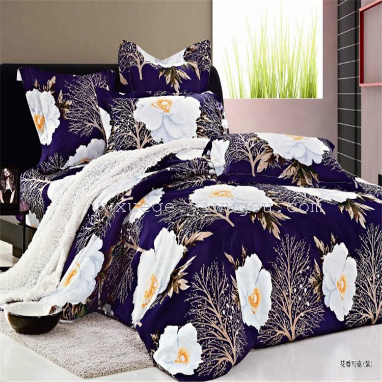 Snow pigeon home textile bedding polyester cotton trade 3D Osaka flower four-piece three-dimensional printing and dyeing factory direct sales Hu Hu Shengwei