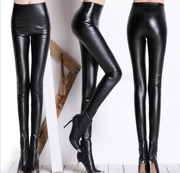 European and American high-waisted faux leather leggings, matte women's tight pencil leather pants, high elasticity