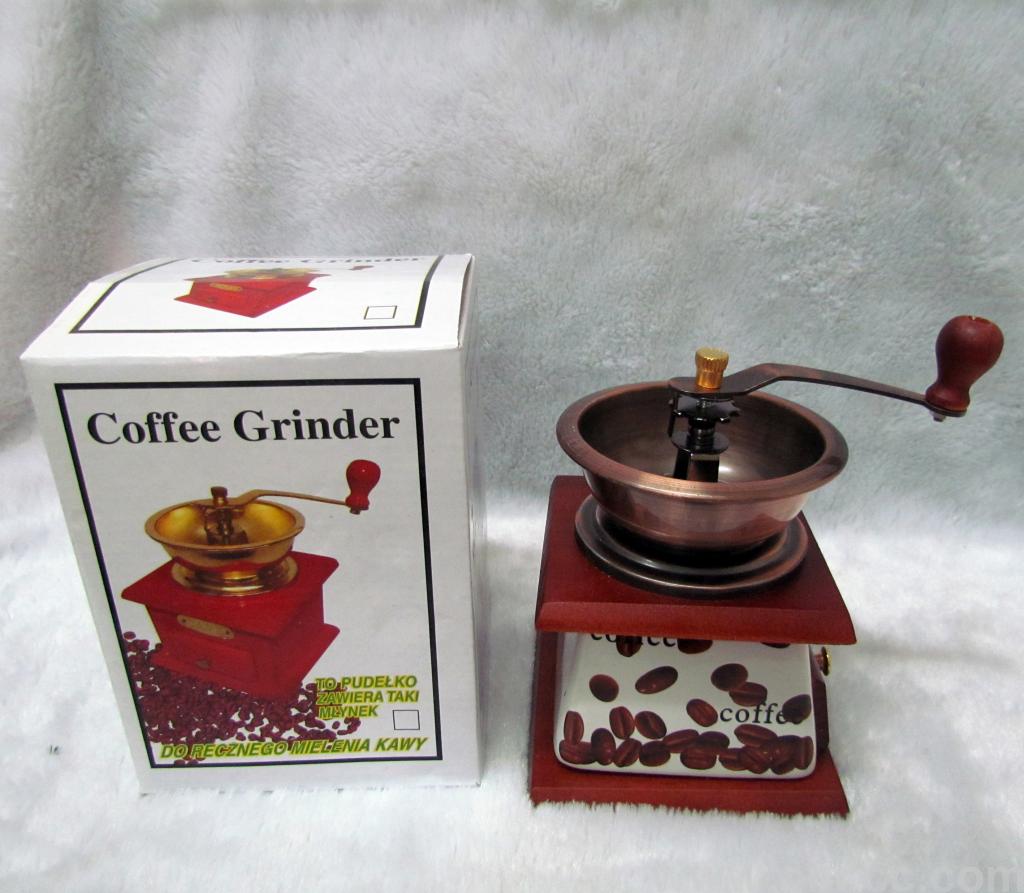 Wooden ceramic coffee mill with copper bowl