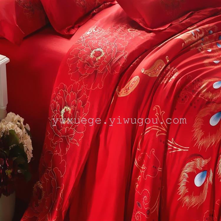 Xuege Home Textiles' new wedding four-piece set, wedding bedding, big red jacquard embroidery Phoenix Legend (Red), factory direct sale Specification image