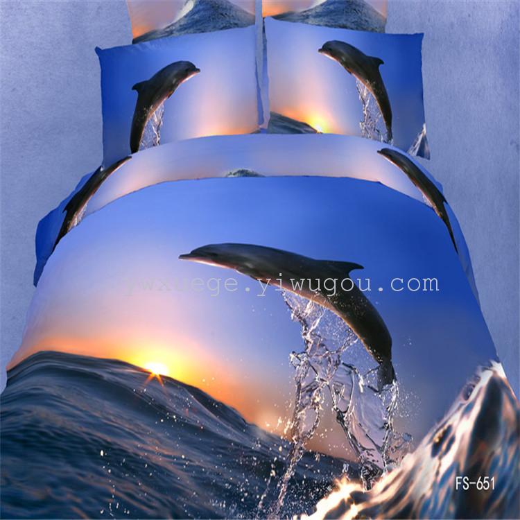Genuine 3D oil painting bedding from Foreign trade Snow Pigeon Home Textiles, high-end all-cotton active printed four-piece set, surfing and playing in the waves Specification image
