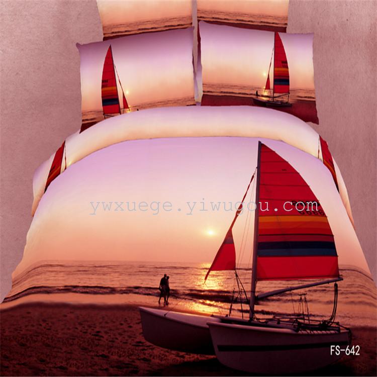 Genuine 3D oil painting bedding from Foreign trade Snow Pigeon Home Textiles, high-end all-cotton active printed four-piece set, surfing and playing in the waves details Picture