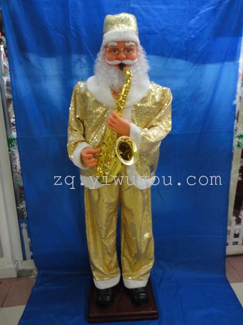 1.8-meter-tall Santa Claus playing the saxophone, golden-clad Santa Claus