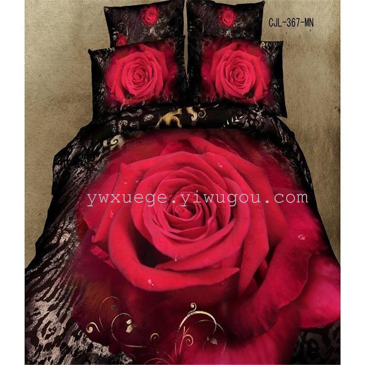 纯棉四件套  全棉活性印花斜纹四件套  婚庆套件  立体大花四件套  床上用品  厂家直销