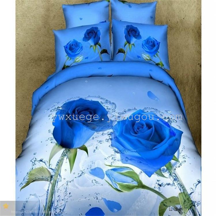 New 3D pure cotton four-piece set, floral and flower four-piece set, wedding bedding, blue demoness bedding, Snow pigeon home textiles details Picture
