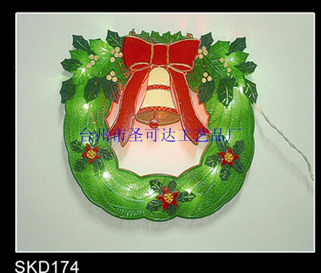 Christmas light stand lights, shaped lights, festive lights, wreaths.
