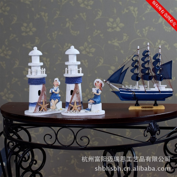 小号男女孩灯塔 木质模型 灯塔地中海 家居摆设MA07090