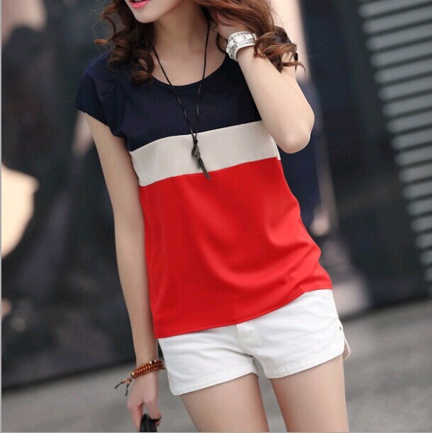 Wholesale of new summer round-neck women's large-sized, color-blocked loose chiffon and refreshing linen T-shirts