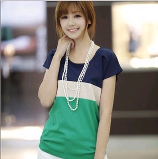 Wholesale of new summer round-neck women's large-sized, color-blocked loose chiffon and refreshing linen T-shirts Specification image