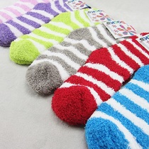 New Yiwu good goods ground stall color strip candy color coral velvet socks half side velvet socks floor towel adult women socks