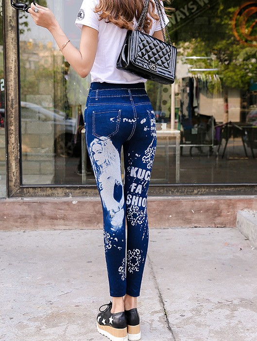 European and American printed matte seamless letter head imitation denim leggings, perfect for the body and with a elasticity of nine points Specification image