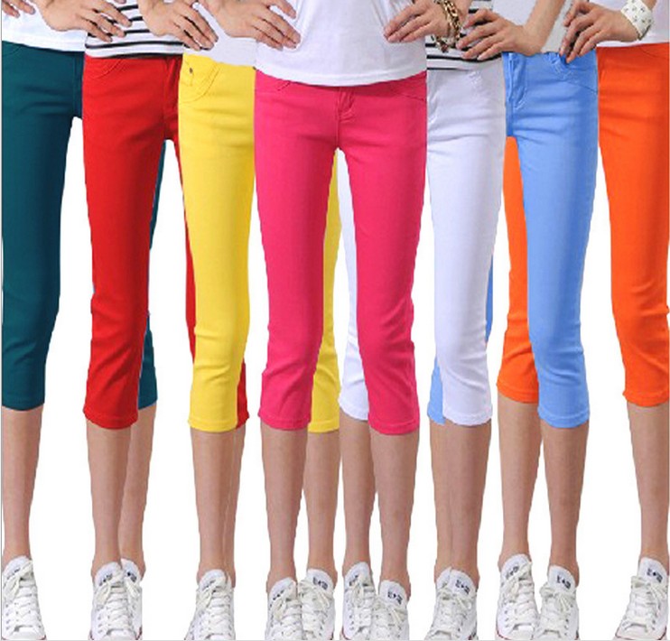 Korean version slimming women's summer stretch color capri pants, small leg pencil casual pants details Picture