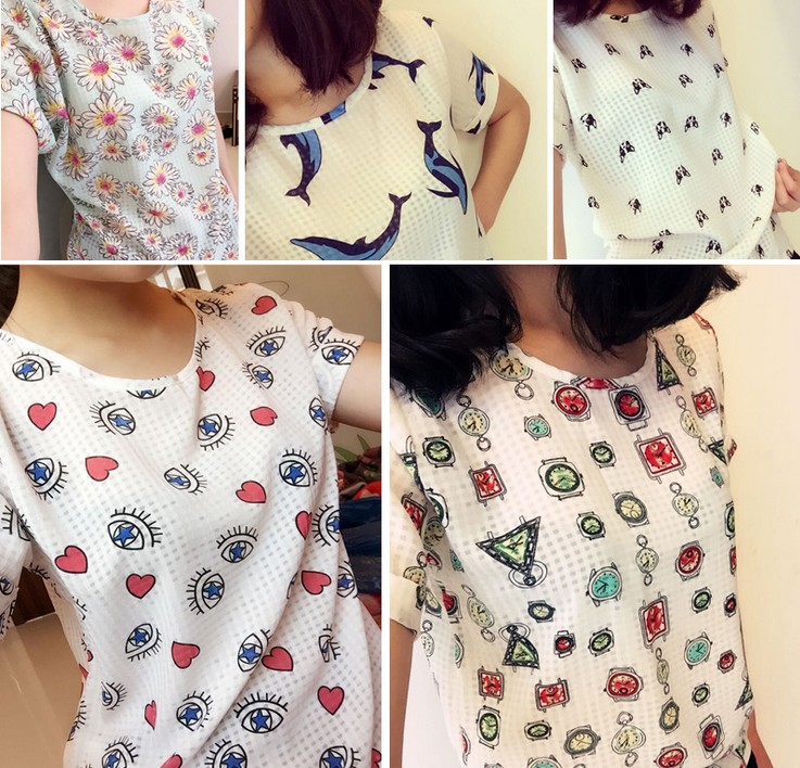 New Korean-style large-sized cartoon short-sleeved T-shirt for women's loose chiffon top