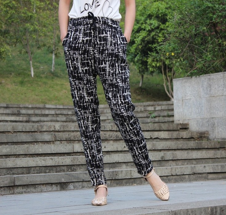 Thin printed Korean-style Harem pants, 9-inch pants, women's loose, large-sized elastic waist-hugging pants