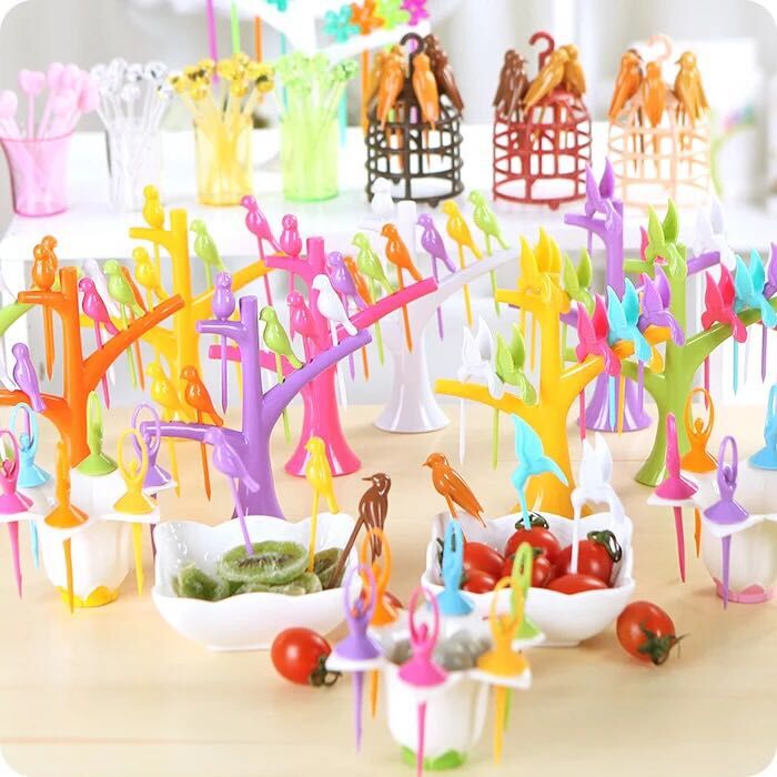 Fashionable and creative new bird, little flower, heart-shaped fruit fork set, fruit fork, fruit pick, toothpick rack