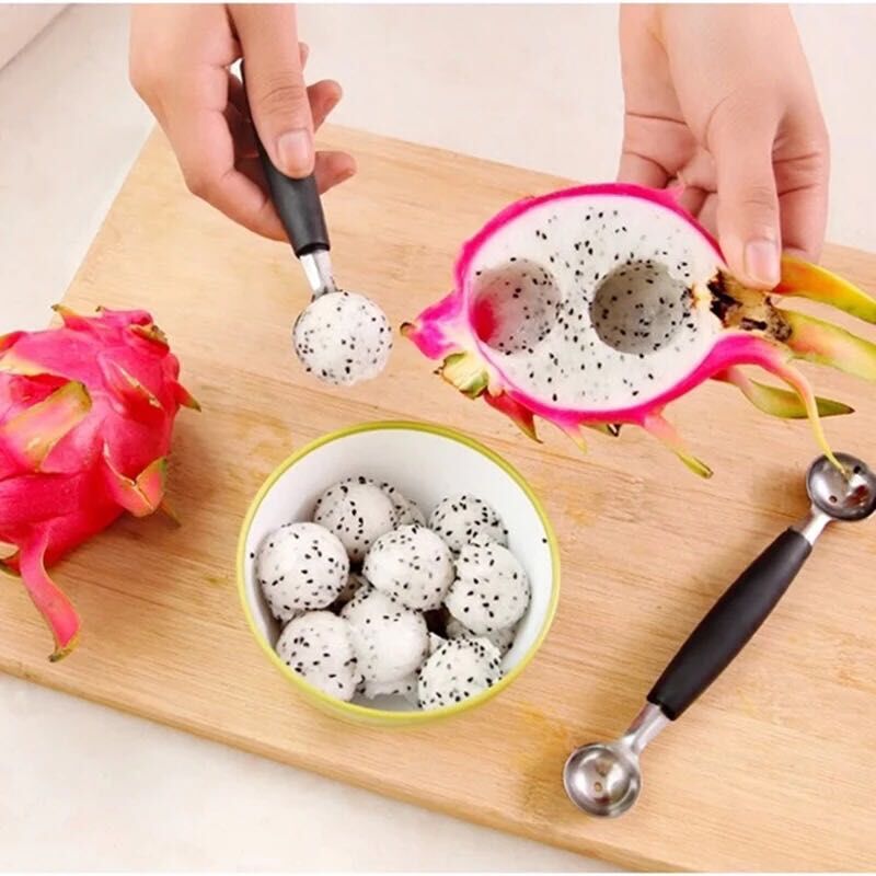 Excavador de bolas de acero inoxidable doble cabeza excavador de cuchara excavador de frutas bola cuchara para pastel decoración de frutas ensalada de frutas especial details Picture