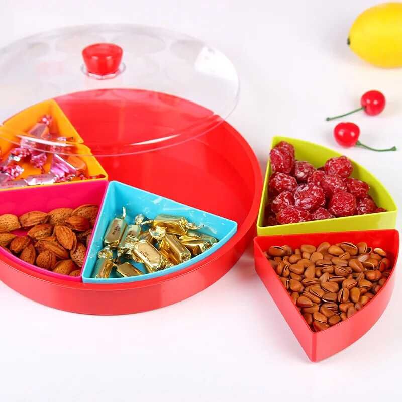 Creative circular five-compartment fruit plate with lid, festive wedding candy box, dried fruit box, double-layer candy plate details Picture