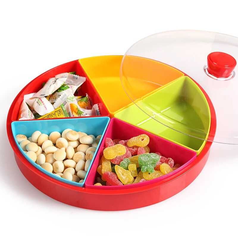 Creative circular five-compartment fruit plate with lid, festive wedding candy box, dried fruit box, double-layer candy plate Specification image