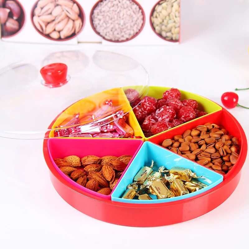 Creative circular five-compartment fruit plate with lid, festive wedding candy box, dried fruit box, double-layer candy plate Application Scenario
