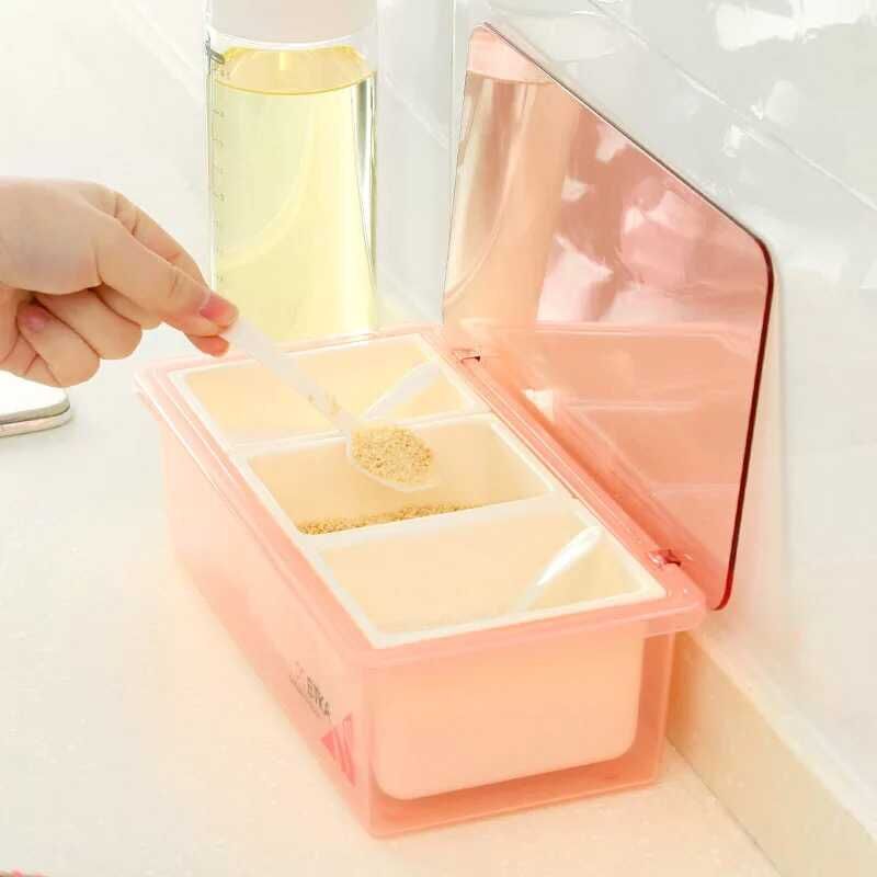Simple style flip-top multi-compartment plastic seasoning box set, detachable kitchen seasoning box with spoon Application Scenario
