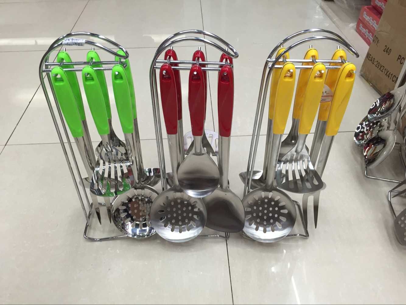 Large kitchenware 7-piece kitchen essentials matte glossy plastic handle S-type color mixing big leak