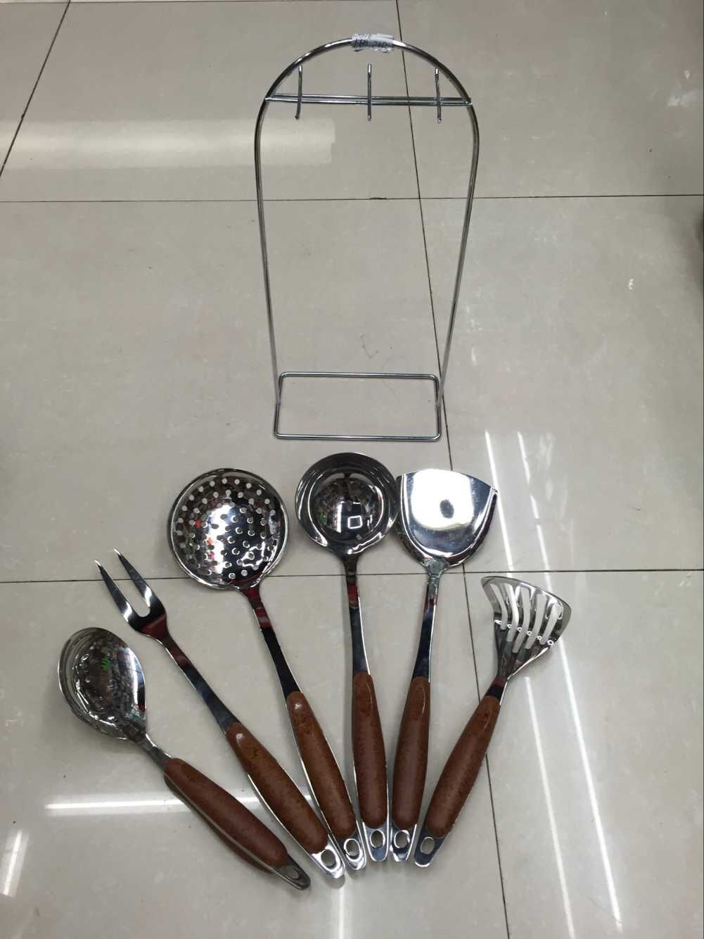 New kitchenware set of stainless steel, electric wooden handle and anti-wood handle seven-piece set with large leakage soup spoons and spatulas Specification image