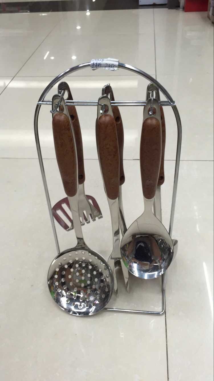 New kitchenware set of stainless steel, electric wooden handle and anti-wood handle seven-piece set with large leakage soup spoons and spatulas