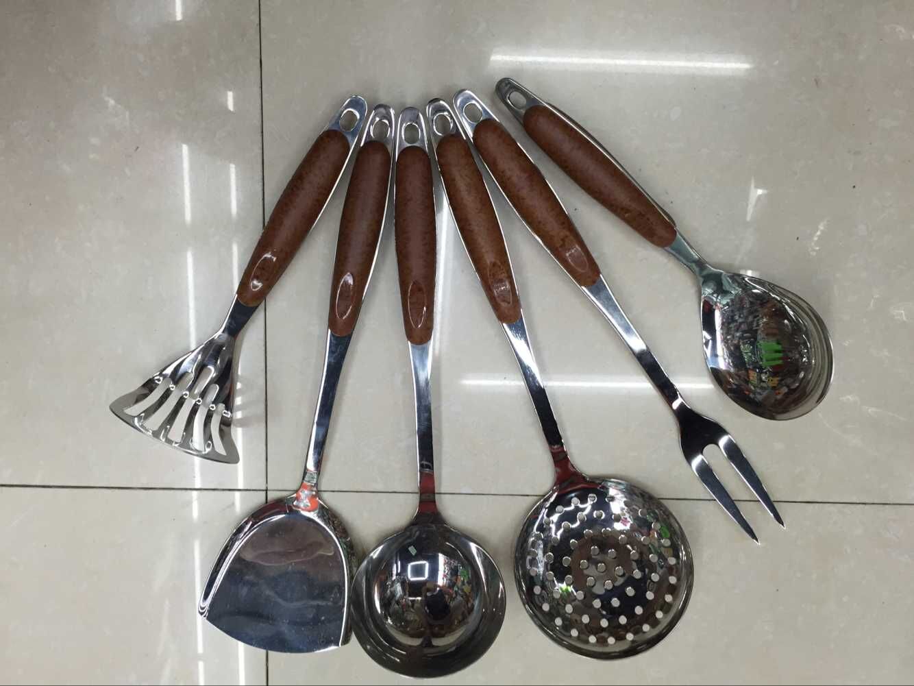 New kitchenware set of stainless steel, electric wooden handle and anti-wood handle seven-piece set with large leakage soup spoons and spatulas details Picture