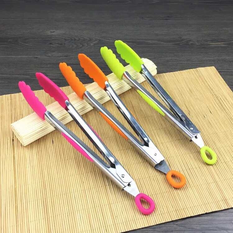 Silicone tongs, scratch-like barbecue tongs, bread tongs, food tongs, thickened stainless steel grilled meat tongs tools
