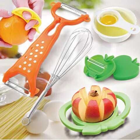 6 pieces = grater + fruit slicer + egg beater + orange opener + egg white separator + apple knife Application Scenario