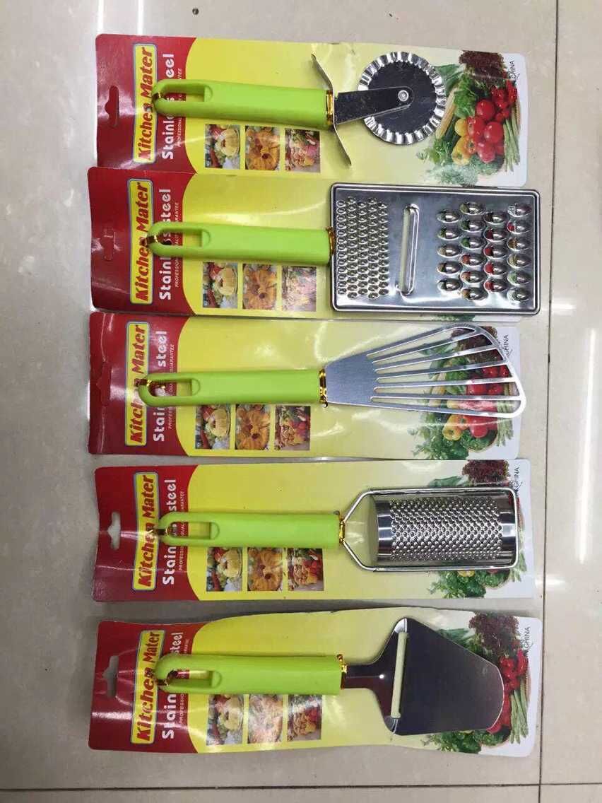 Pointed-tipped kitchen tools: flat-head grater, pizza knife, cheese spatula, Y-shaped grater, scraper, and fruit knife Specification image