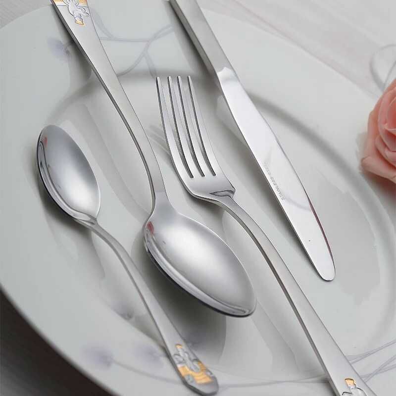 High-end stainless steel creative and cute Western tableware set, thickened gold-plated and frosted Western knife, fork and spoon three-piece set