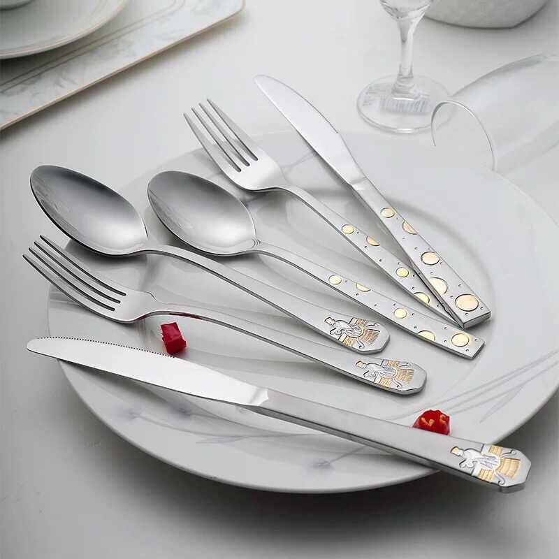 High-end stainless steel creative and cute Western tableware set, thickened gold-plated and frosted Western knife, fork and spoon three-piece set Specification image